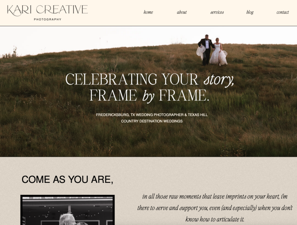 Brand tagline and website homepage copywriting for wedding photographer Kari Creative Photographer