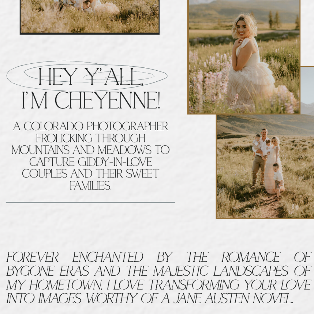 Romantic website about page copy for Cheyenne Bradford Photography that says "A Colorado photographer frolicking through mountain meadows to capture giddy-in-love couples and their sweet families.