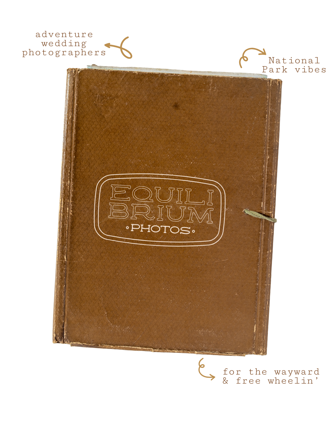 An old worn book cover with the Equilibrium Photos logo on it and a little peek into the vibes of their brand voice copywriting project and website copy