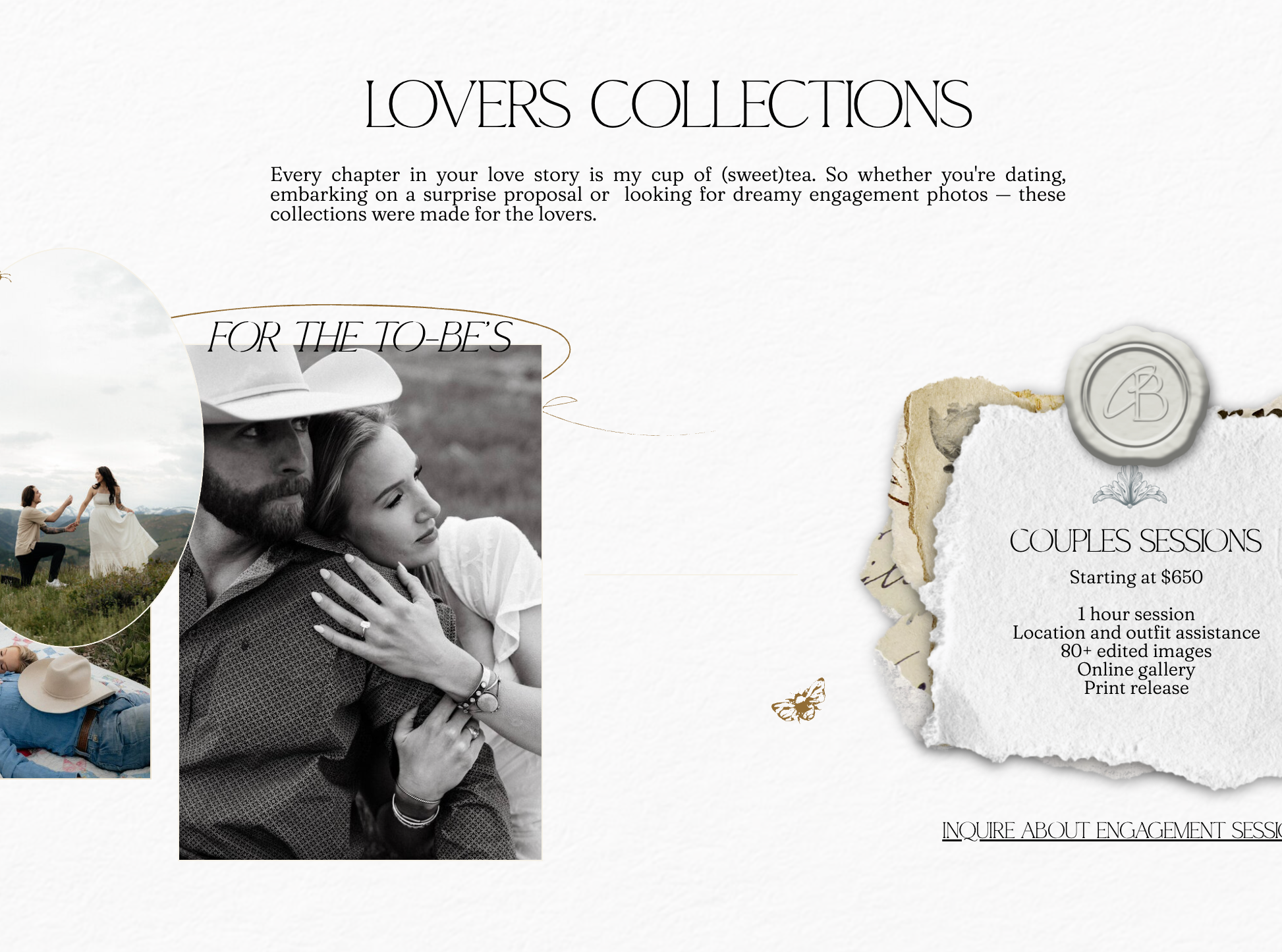Website copywriting for photographers wedding package that reads "Lovers Collection" and more copy in her dreamy and romantic Jane Austen brand theme.