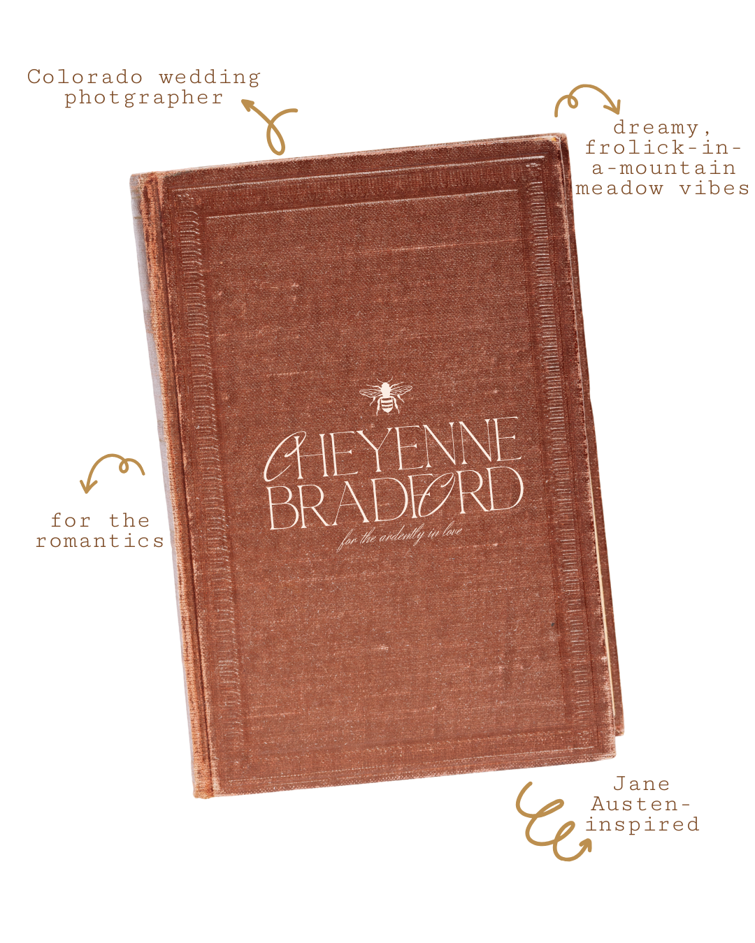 Old book cover with Cheyenne Bradford Photography logo for this website copywriting project for photographers